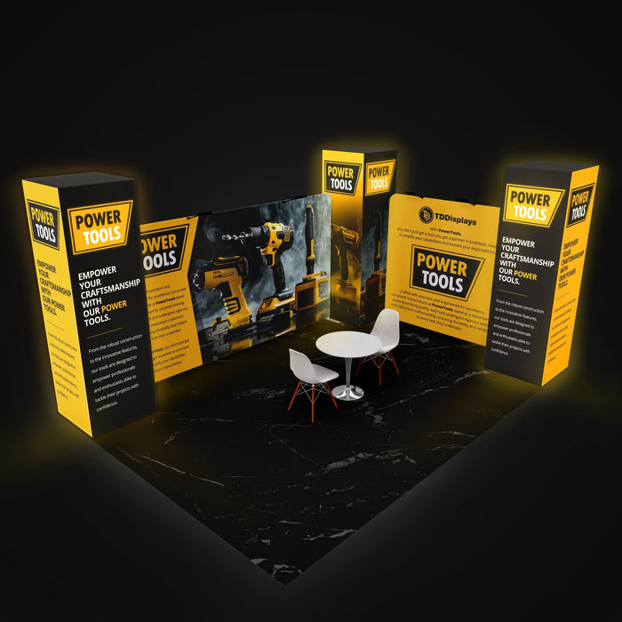 20x10 Pro Booth 3 - Peninsula Trade Show Display Package with 10 foot LED Backlit Pillar Towers and Enclosing Walls Castle Fortress, Meeting Space, Enclosed 20x10 Booth Kit