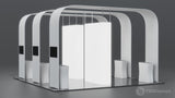 20x20 Pro Booth 11 - Backlit Trade Show Arch Booth, 3 Archways, Split Space, 2 Backlit Centerpiece Towers, 20 Ft Peninsula Booth Idea, 20x20 Island - TDDisplays