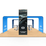 20x20 Pro Booth 19 - Custom Dual Arch Split Floor Plan, Tension Fabric Towers and Backdrop Wall Display - TDDisplays
