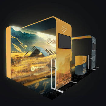 20x10 Pro Booth 18 - Inline Arches Led Backlit Standard Booth With 2 Arches, Double-sided 20 Foot Led Backlit Wall, Tension Fabric Backlit Trade Show Display