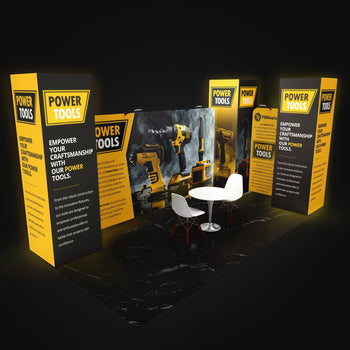 20x10 Pro Booth 3 - Peninsula Trade Show Display Package With 10 Foot Led Backlit Pillar Towers And Enclosing Walls Castle Fortress, Meeting Space, Enclosed 20x10 Booth Kit