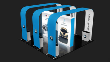 20x20 Pro Booth 11 - Backlit Trade Show Arch Booth, 3 Archways, Split Space, 2 Backlit Centerpiece Towers, 20 Ft Peninsula Booth Idea, 20x20 Island