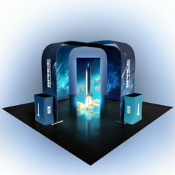 20x20 Pro Booth 15 - Tension Fabric Display Booth, Four Towers and 20 Foot Circular Banner, Rapid Self-Build, 20x20 Booth Idea for Demo Space Trade Show Booth