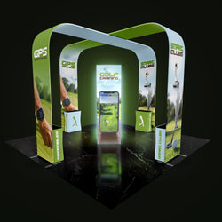 20x20 Pro-Package D - Pro Trade Show Booth Package, Two Sister Company Exhibit, Archways Towers Back Walls Backdrop, Las Vegas Trade Show, 20 Foot Island Peninsula